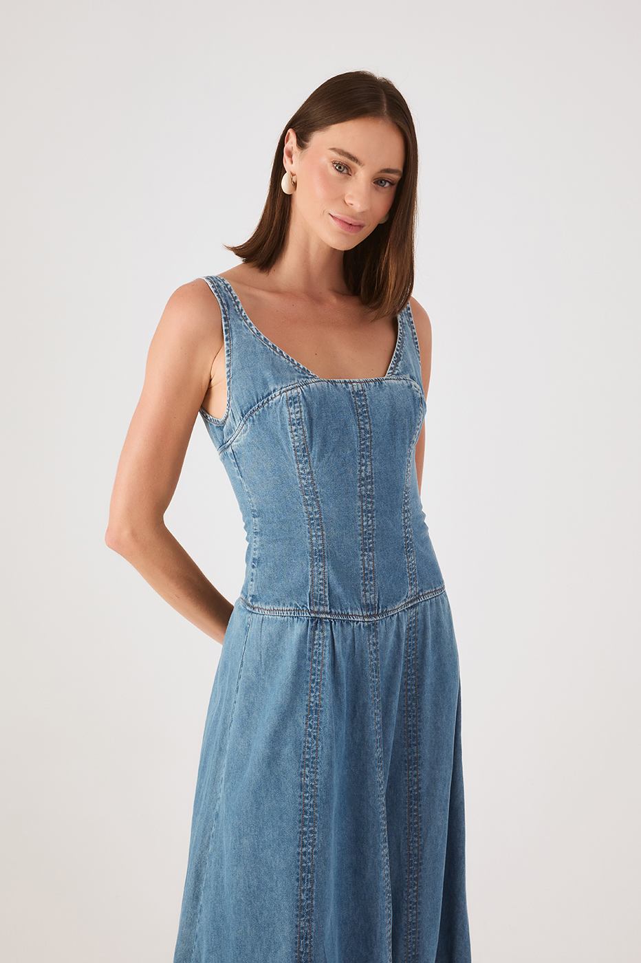 Denim Square Neck Sleeveless Balloon Maxi Dress