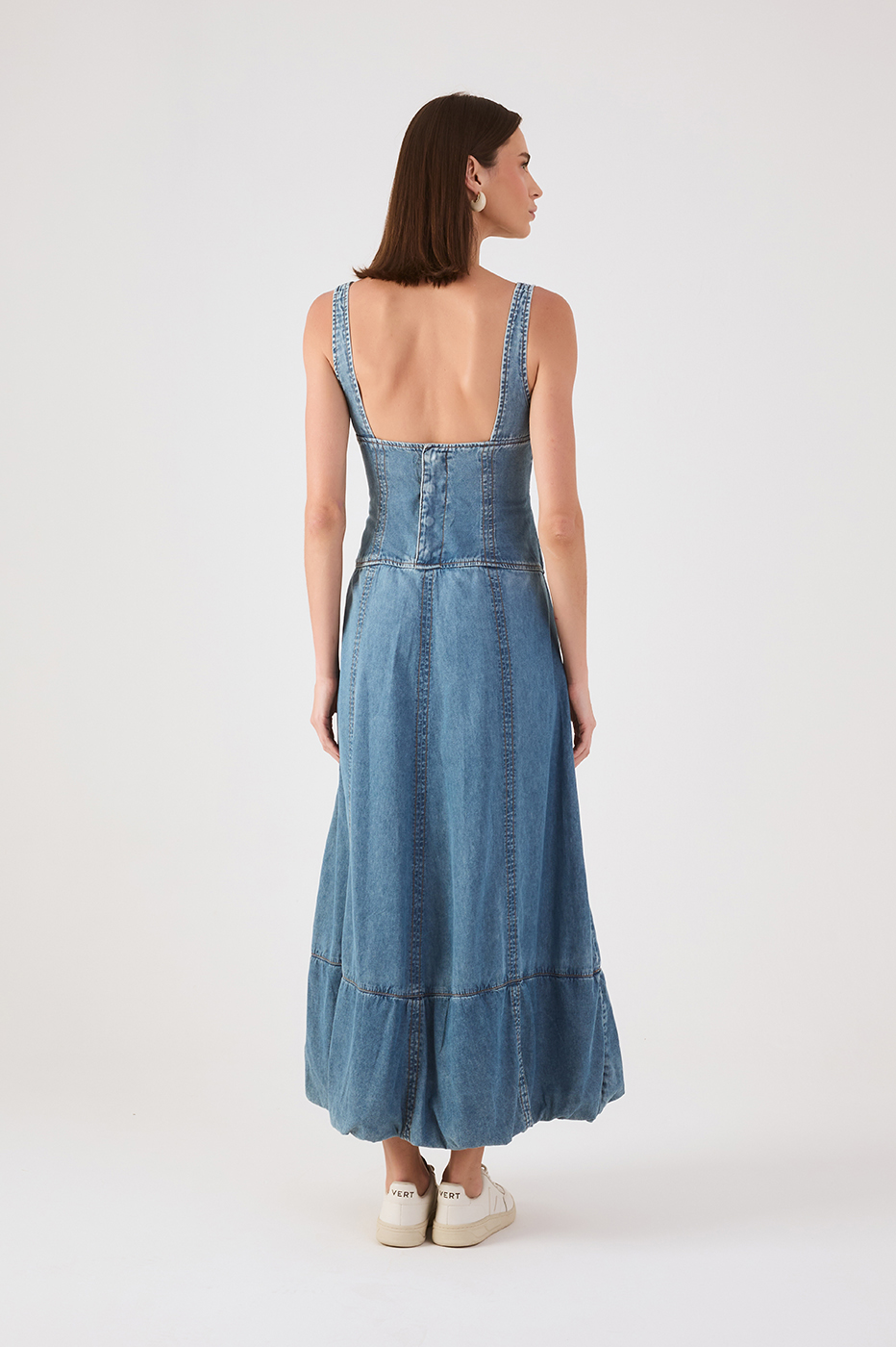 Denim Square Neck Sleeveless Balloon Maxi Dress