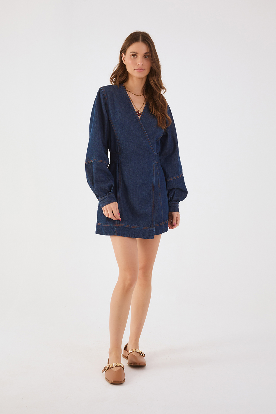Denim V Neck Back Ties Wrap Mini Dress
