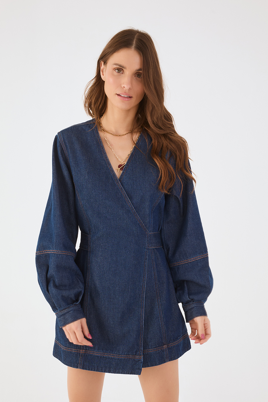 Denim V Neck Back Ties Wrap Mini Dress