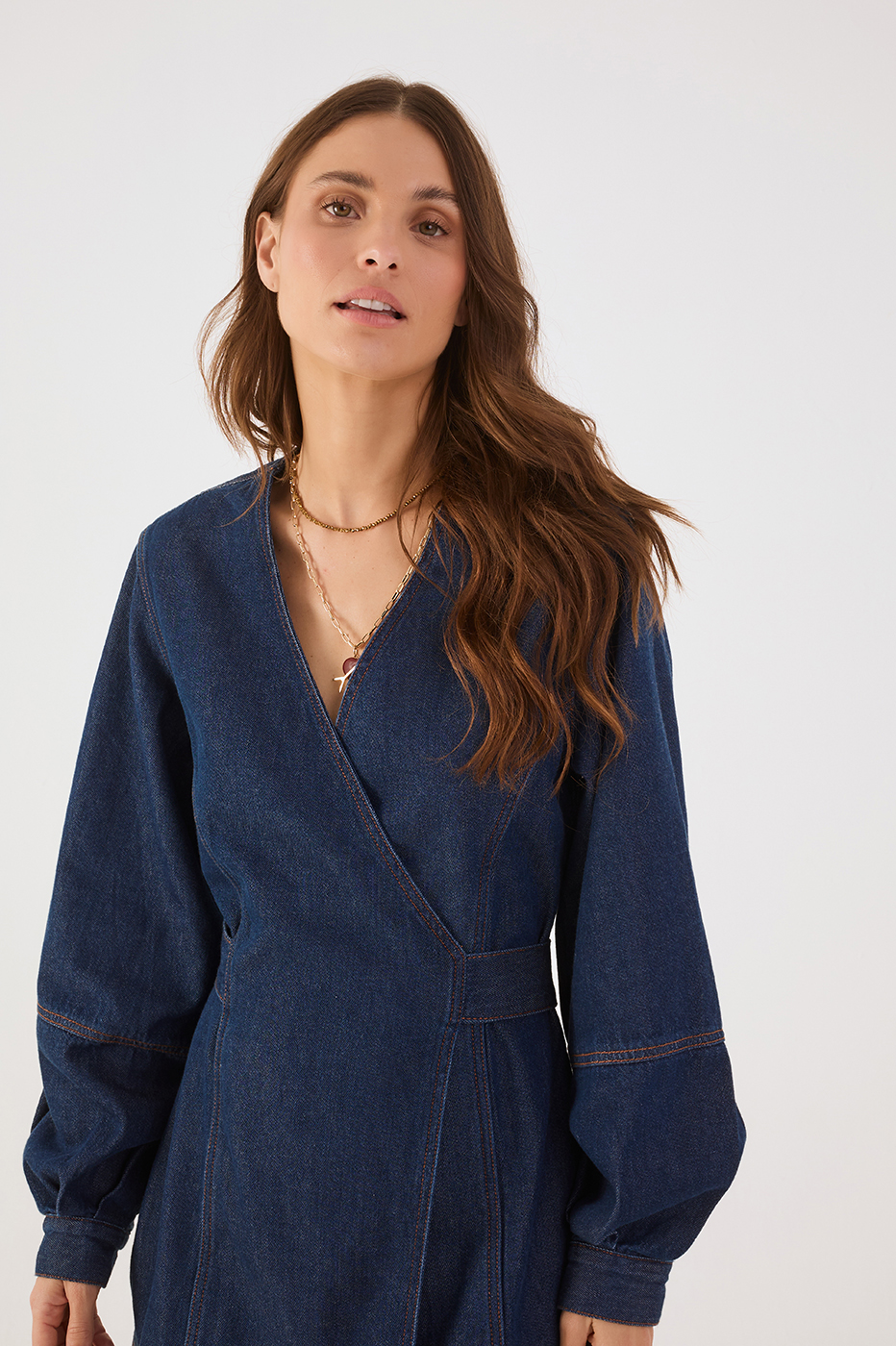 Denim V Neck Back Ties Wrap Mini Dress