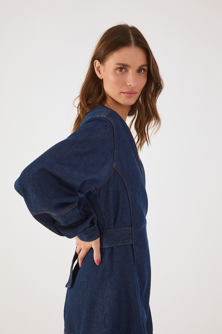 Denim V Neck Back Ties Wrap Mini Dress