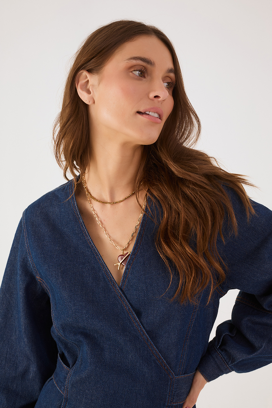 Denim V Neck Back Ties Wrap Mini Dress
