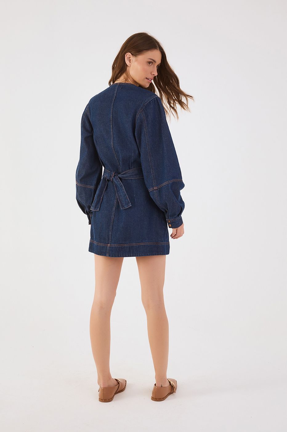 Denim V Neck Back Ties Wrap Mini Dress