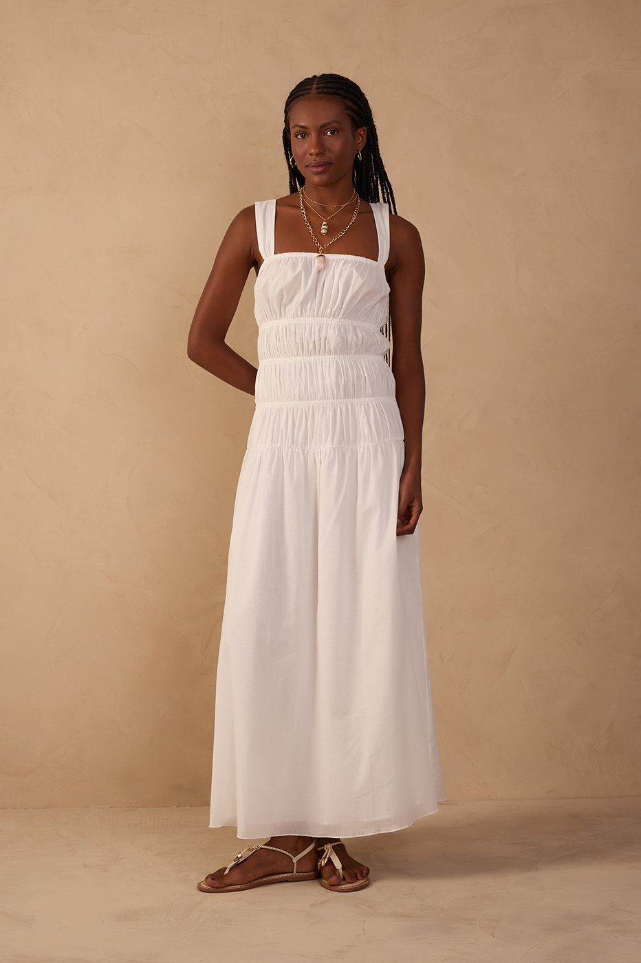 Off-White Smocked Square Neck Maxi Dress