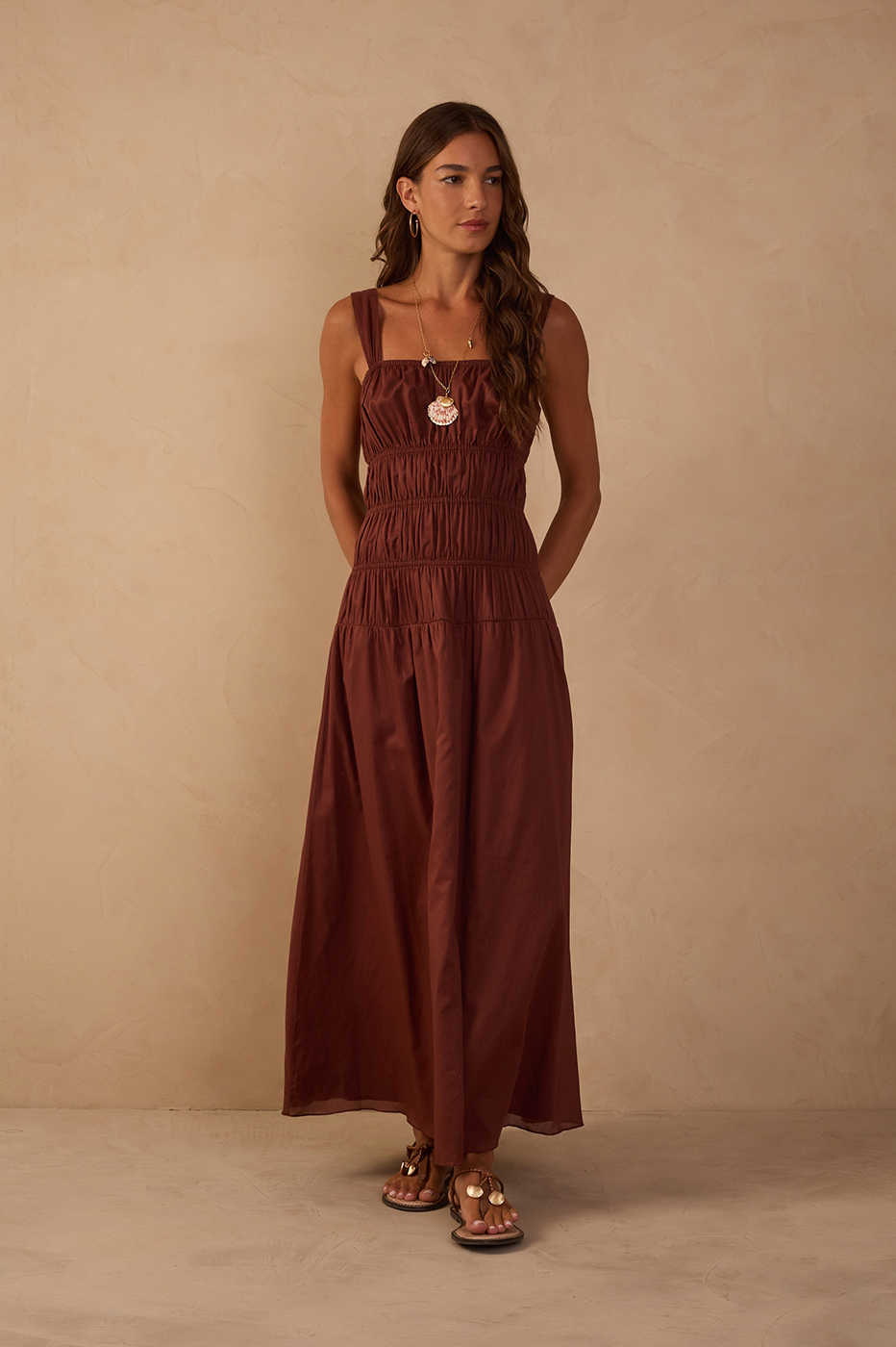 Brown Smocked Square Neck Maxi Dress