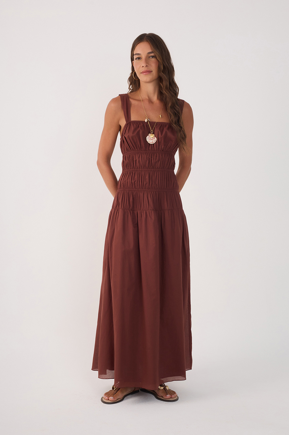 Brown Smocked Square Neck Maxi Dress in Cedar Brown
