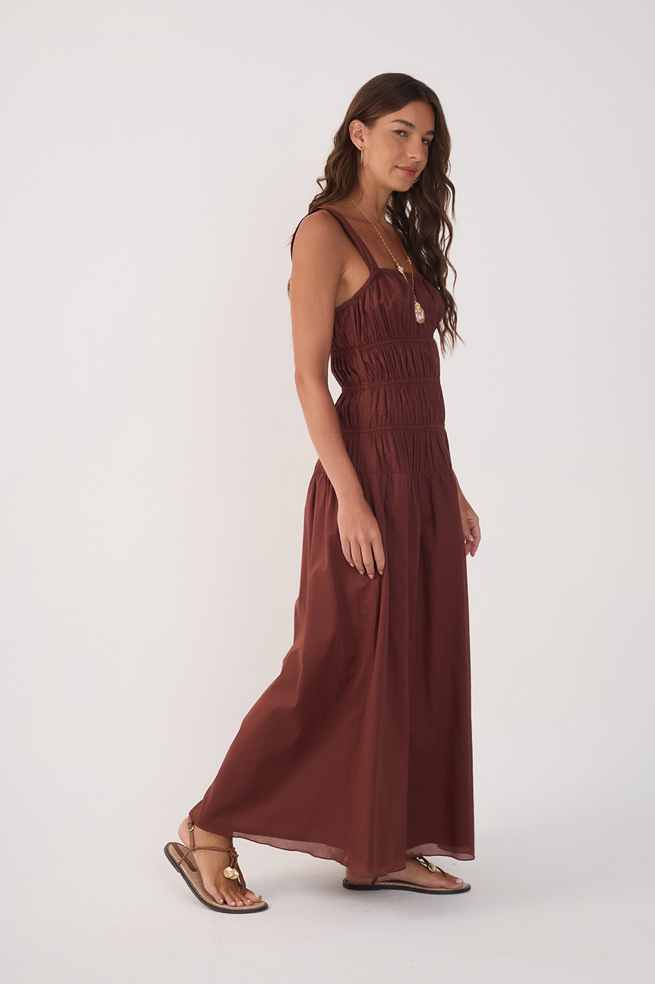 Brown Smocked Square Neck Maxi Dress - Cedar Brown / XXS Brown Smocked Square Neck Maxi Dress - Cedar Brown / XXS