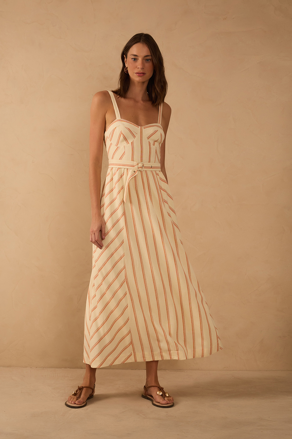Beige Sweetheart Neck Belted Midi Dress Beige Sweetheart Neck Belted Midi Dress