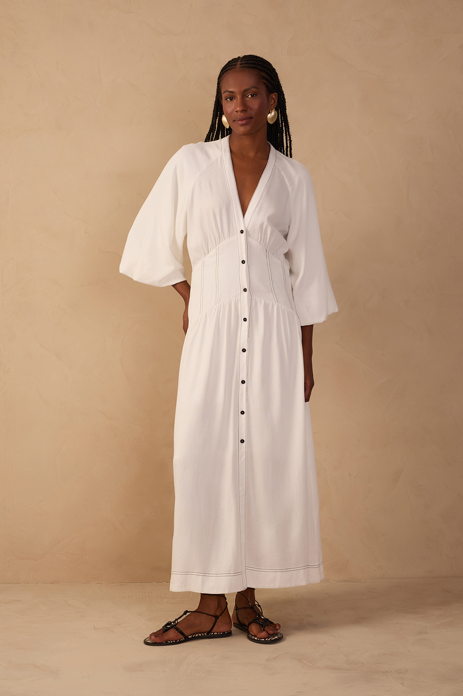 Midi Linen Waist Cut Out Dress
