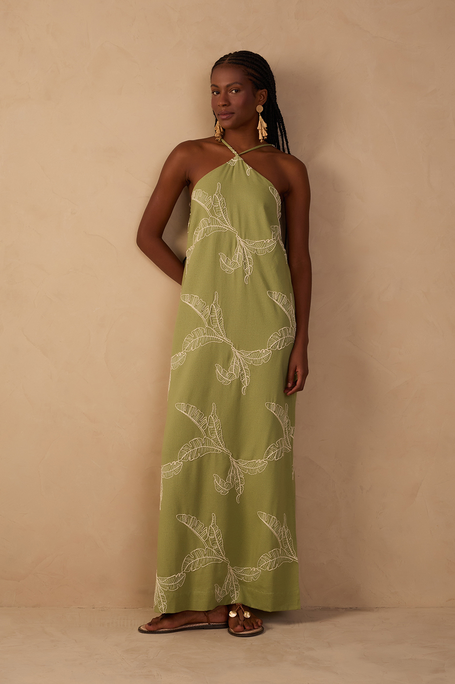 Cropped Linen Leaf Embroidered Dress_1
