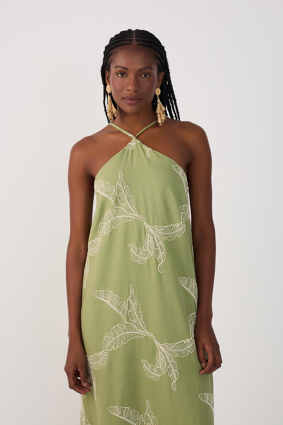 Cropped Linen Leaf Embroidered Dress_4