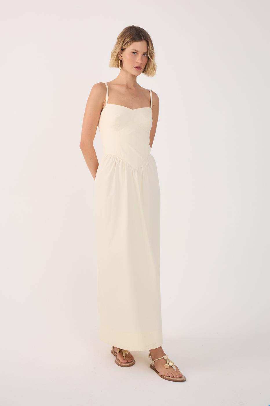 midi beige dress Allie Long Sleeve Embroidered in Ari + Ava High upturned V Petal and Pup Women's Cammie