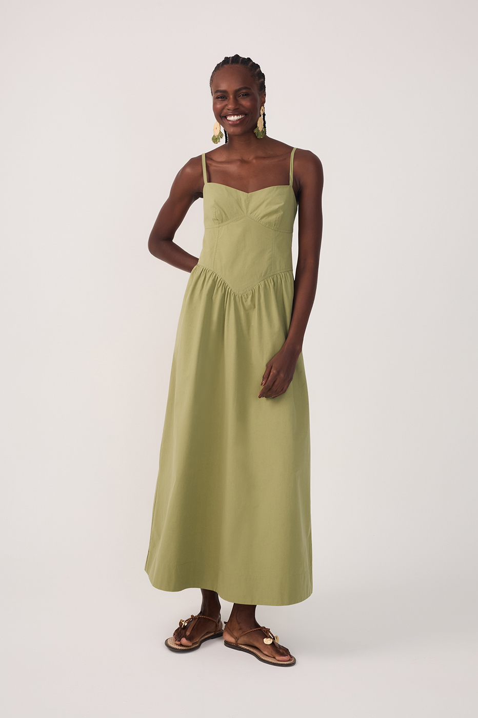 Green Corset Bodice Straps Midi Dress in Nature Green