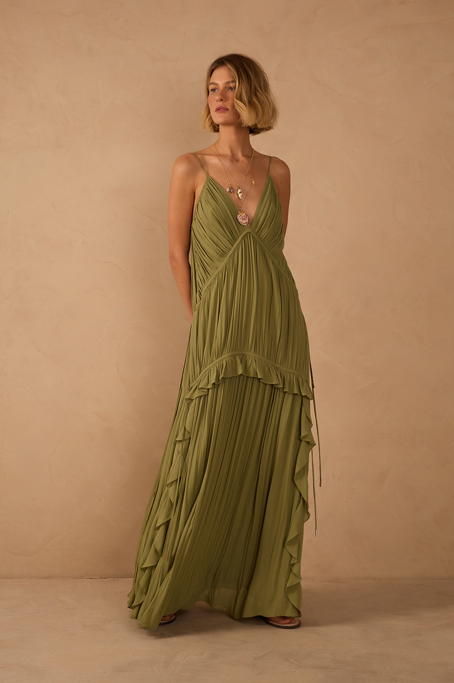 Long Crepe Draped Dress in Nature Green