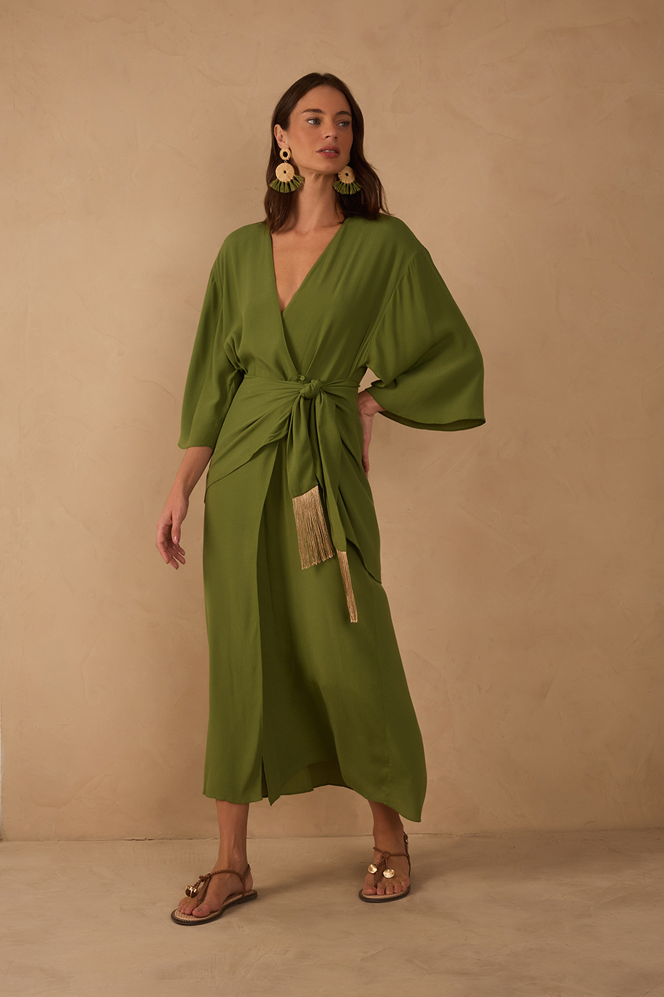 Green V Neck Wrap Long Sleeve Midi Dress_1