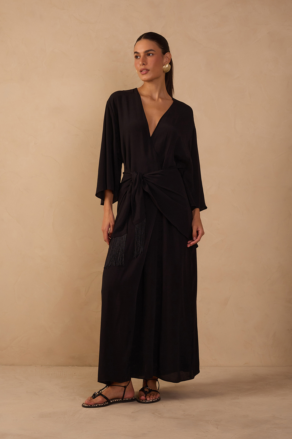 Black V Neck Wrap Long Sleeve Maxi Dress