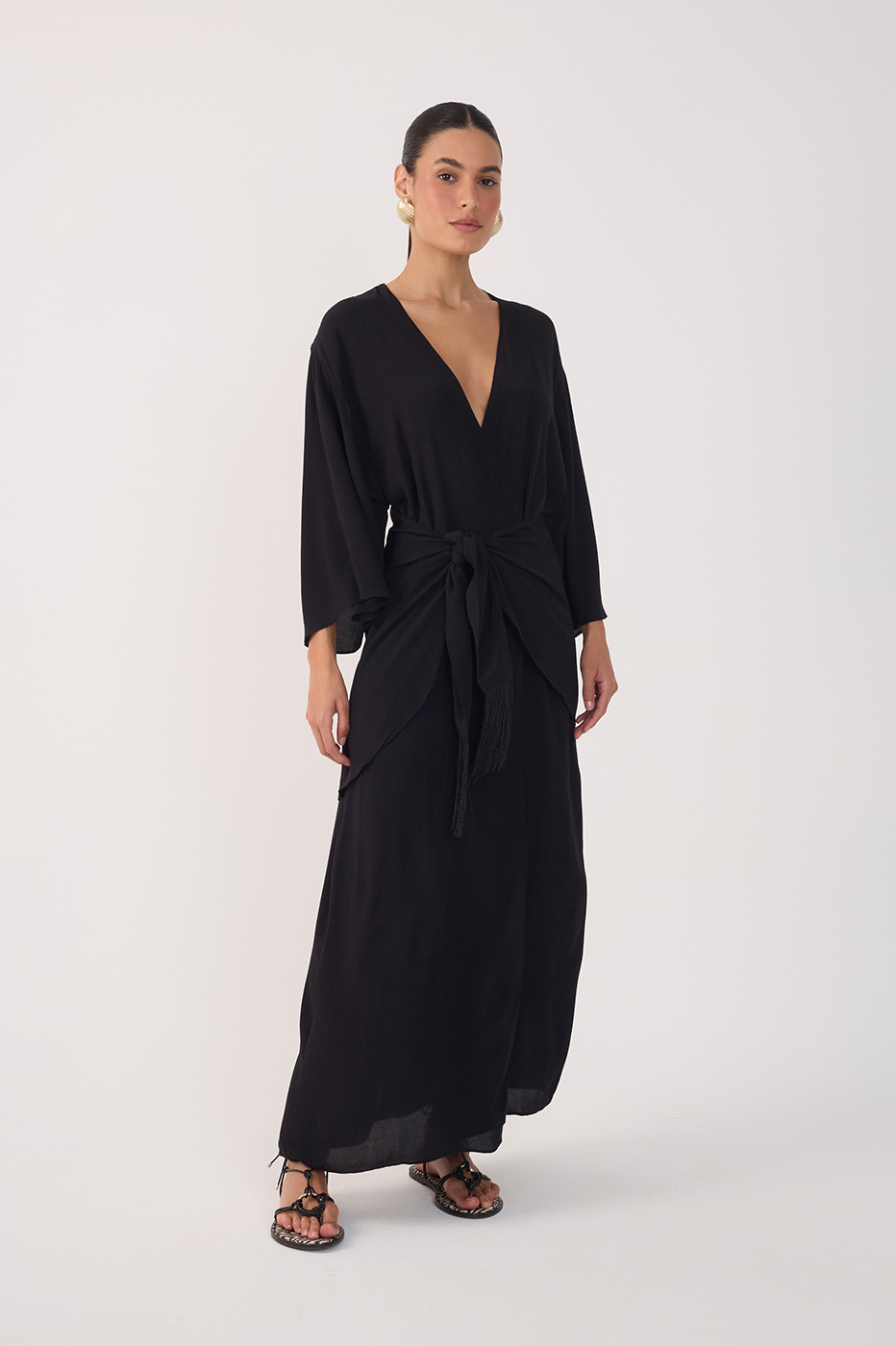 v neck long sleeve dress black Black V Neck Wrap Long Sleeve Maxi Dress in Black