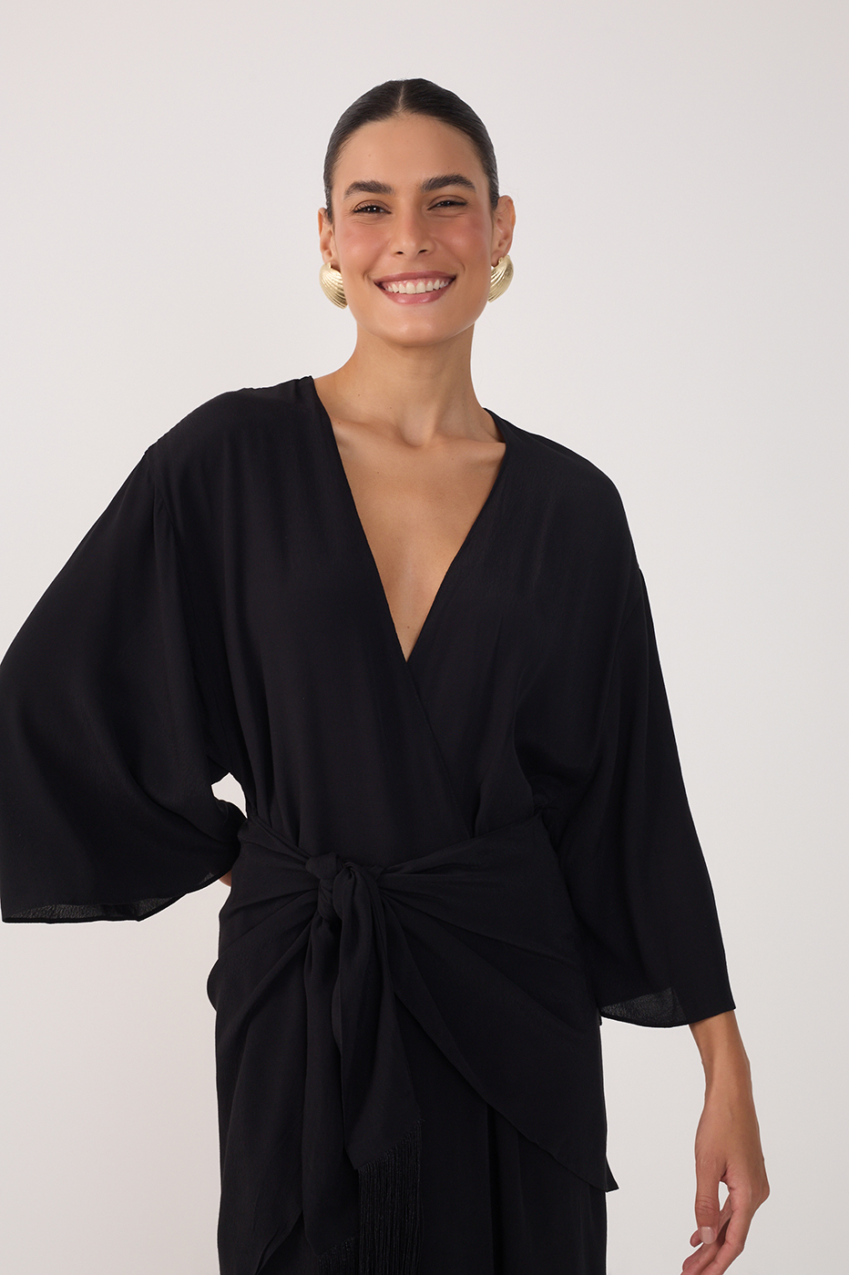 v neck long sleeve dress black Black V Neck Wrap Long Sleeve Maxi Dress in Black