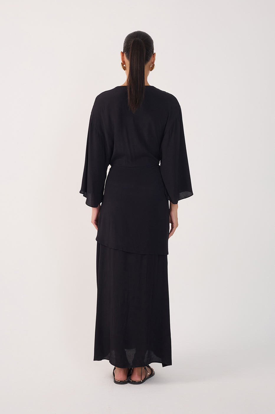 Black V Neck Wrap Long Sleeve Maxi Dress in Black