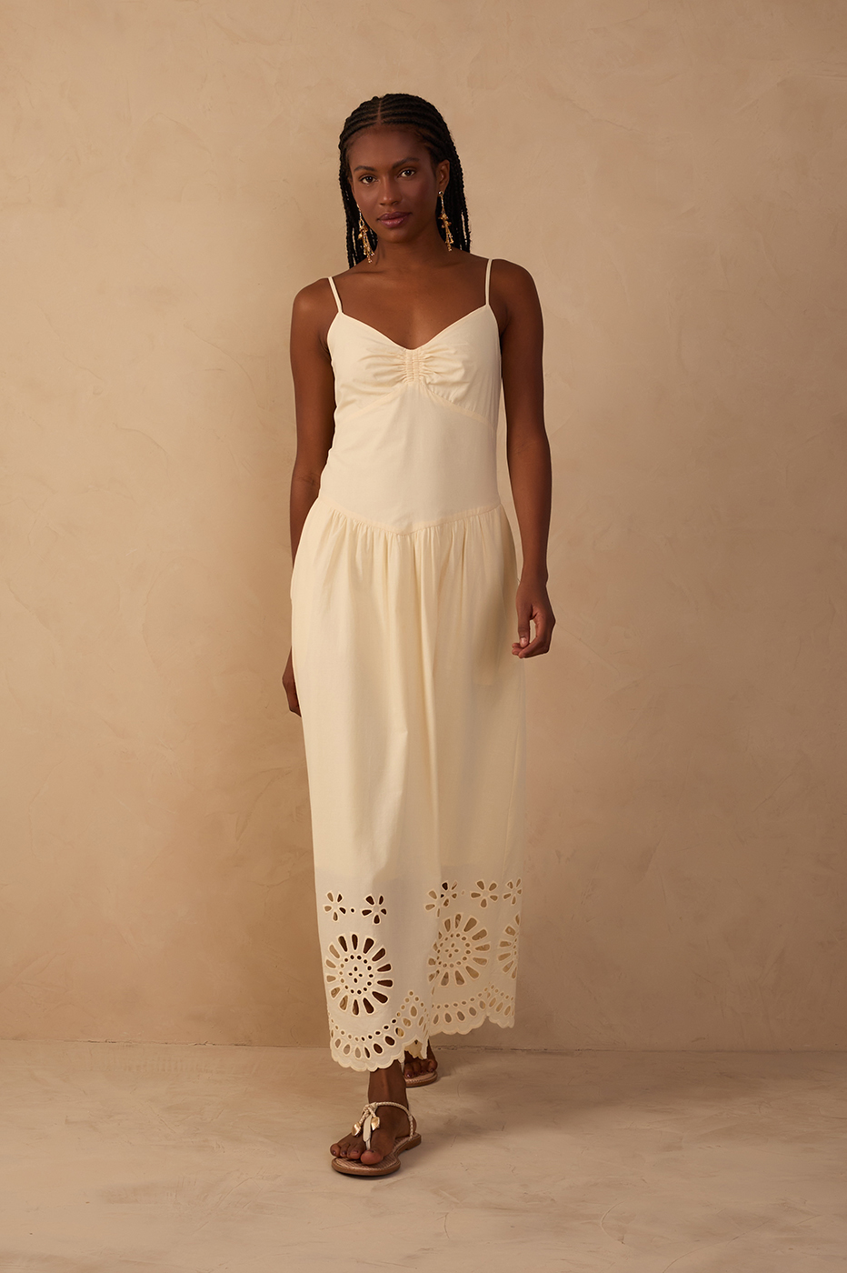 Beige Ruched Embroidered Cotton Midi Dress in Shell Beige