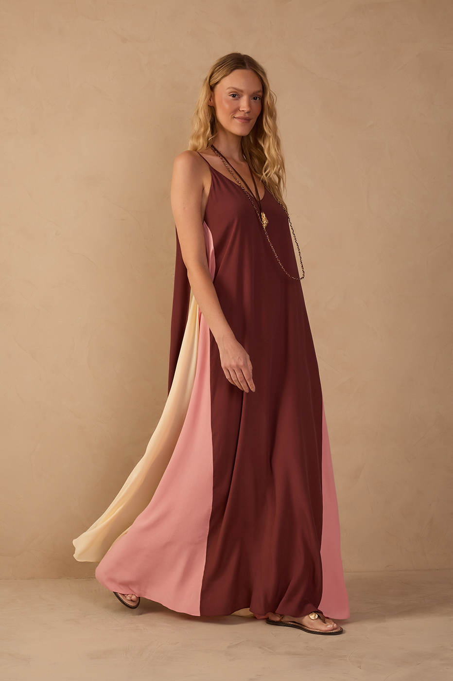 Brown V Neck Sleeveless Crepe Maxi Dress