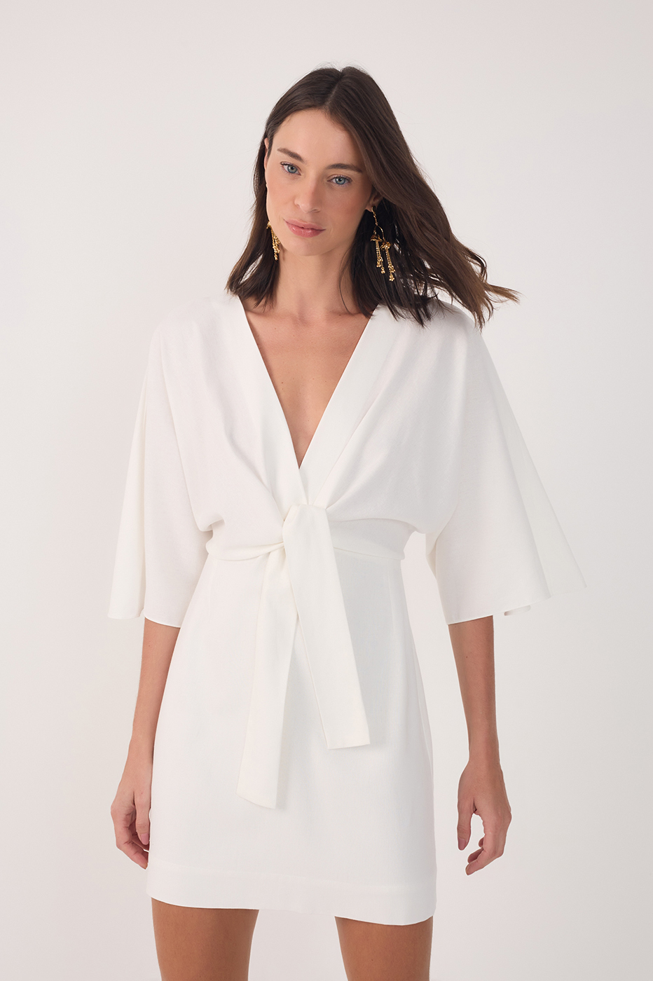 Off White Linen Short Balloon Sleeve Dress_3