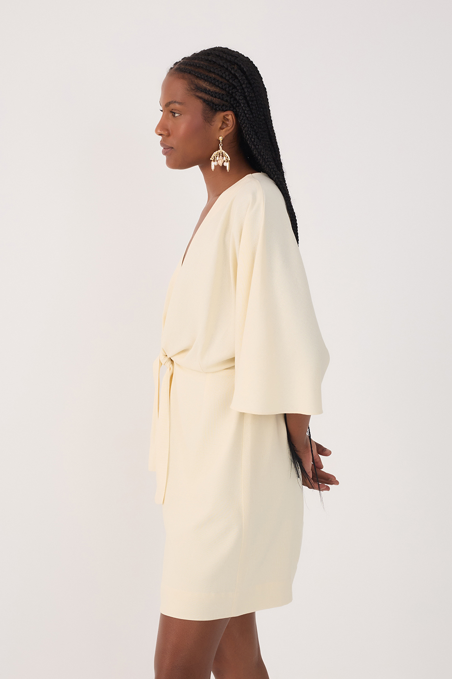 Beige Front Knot Kimono Sleeve Mini Dress_3