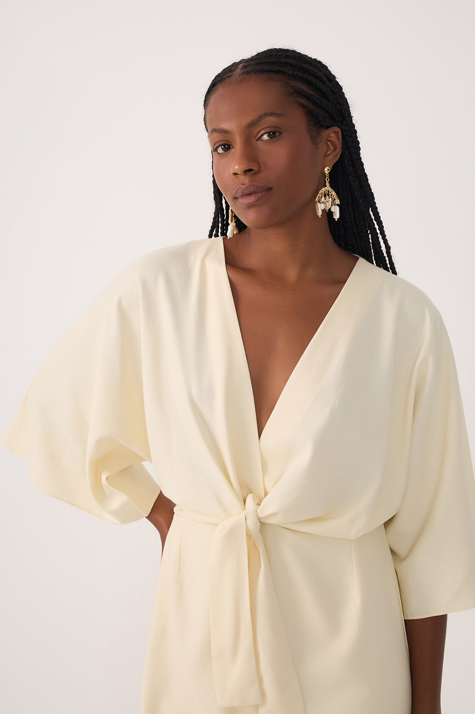 Beige Front Knot Kimono Sleeve Mini Dress_4