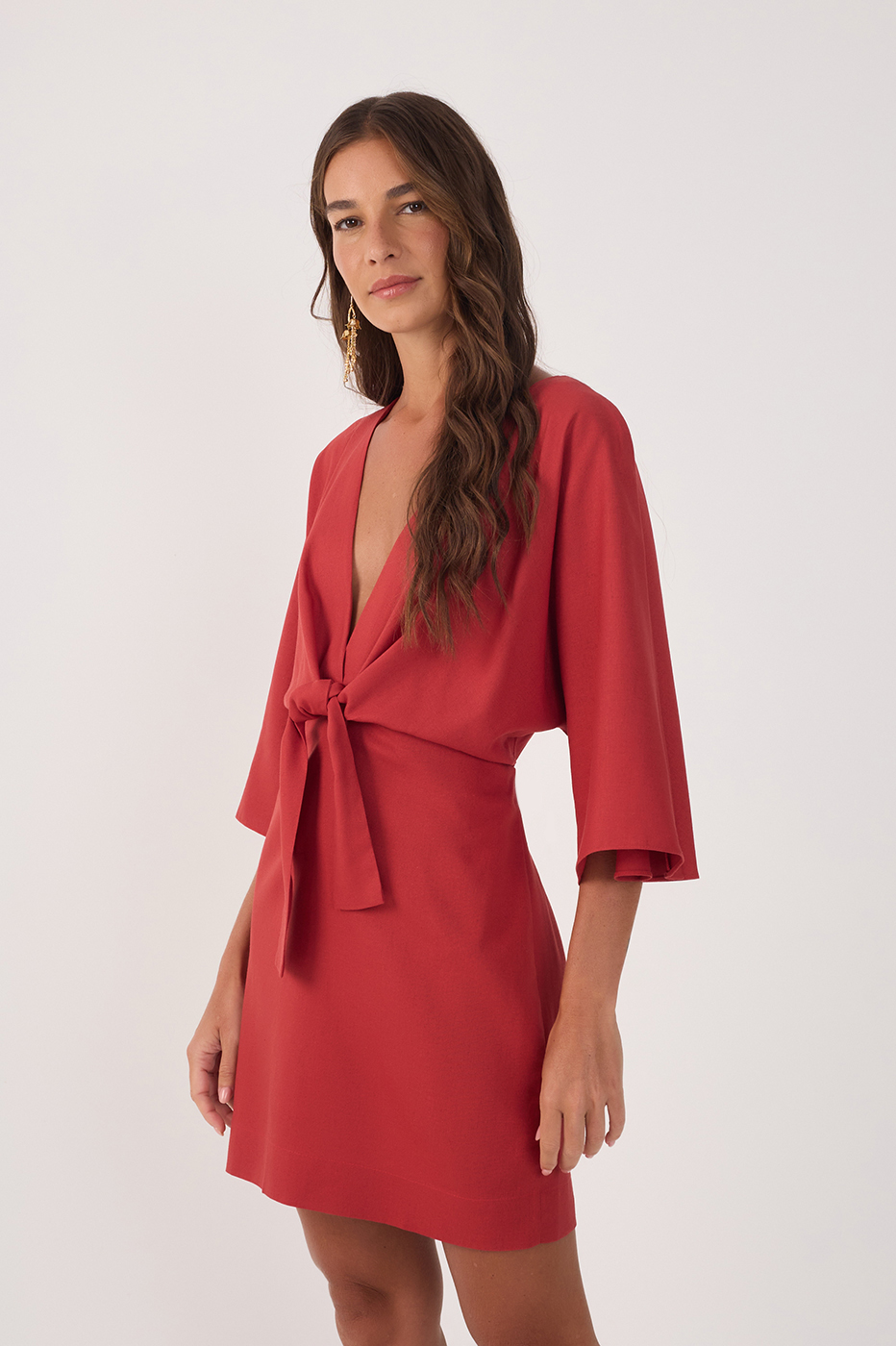 Red Linen Short Balloon Sleeve Dress_3