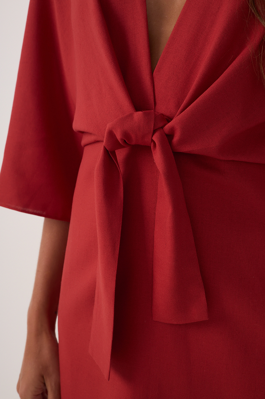 Red Linen Short Balloon Sleeve Dress_5
