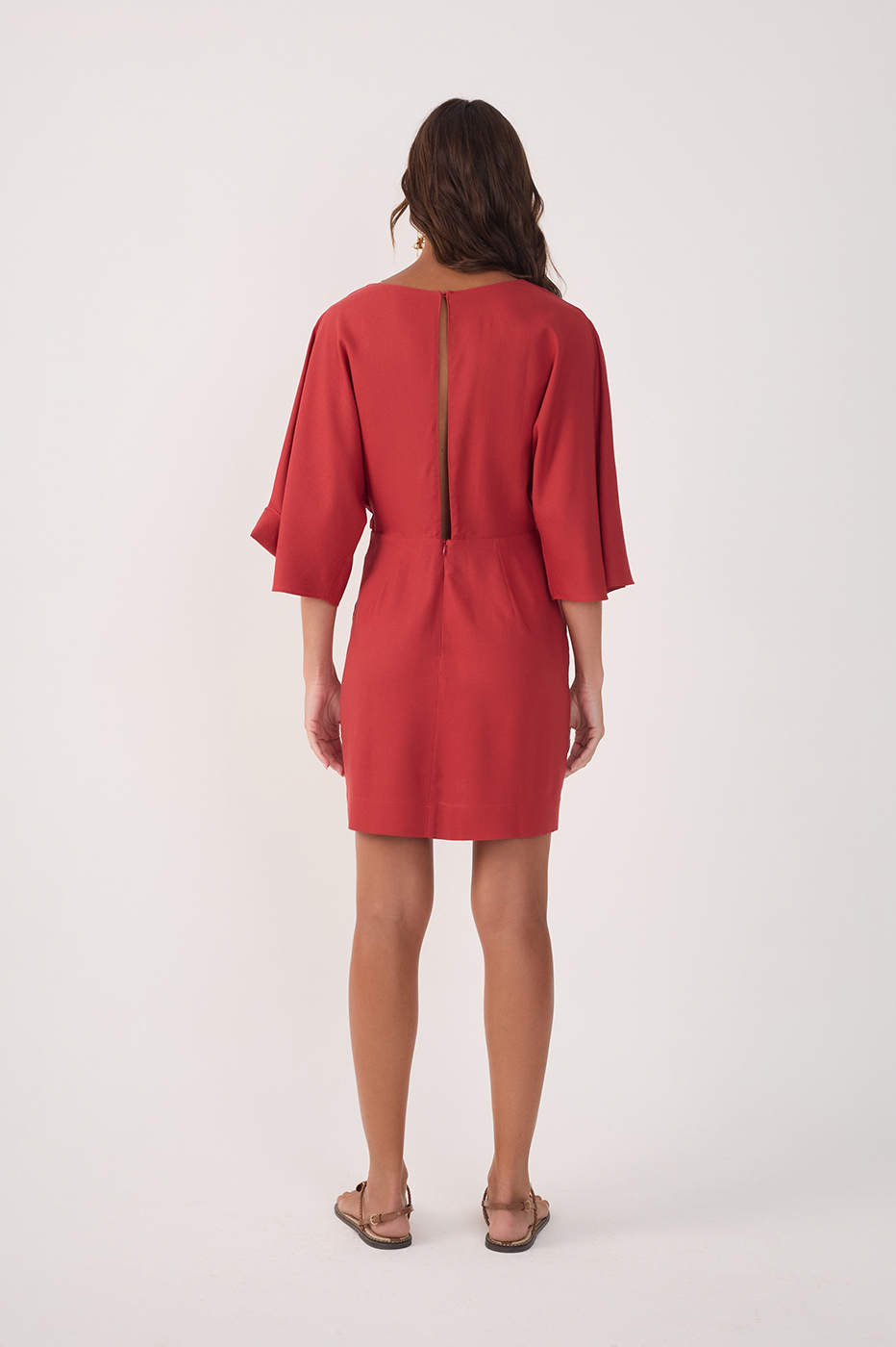 Red Linen Short Balloon Sleeve Dress_6