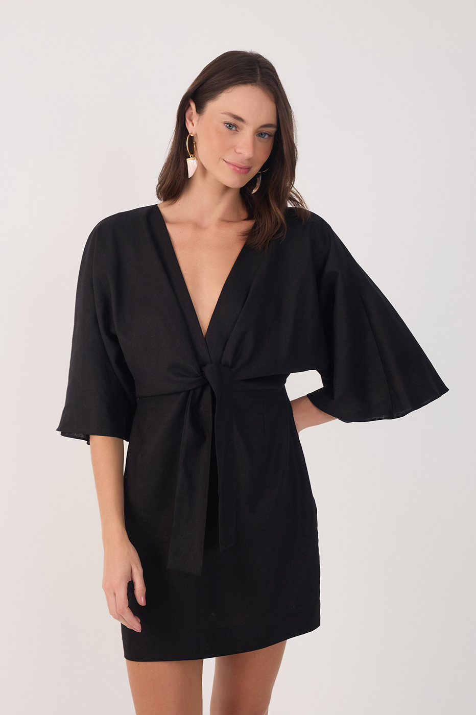 Black Linen Short Balloon Sleeve Dress_3