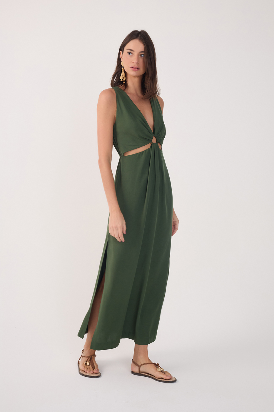Green Cut-Out Bodice Side Slits Maxi Dress in Orchard Green