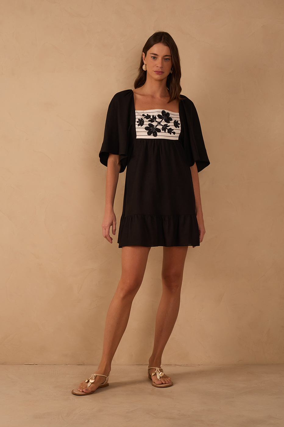 Short Linen Embroidered Yoke Dress_1