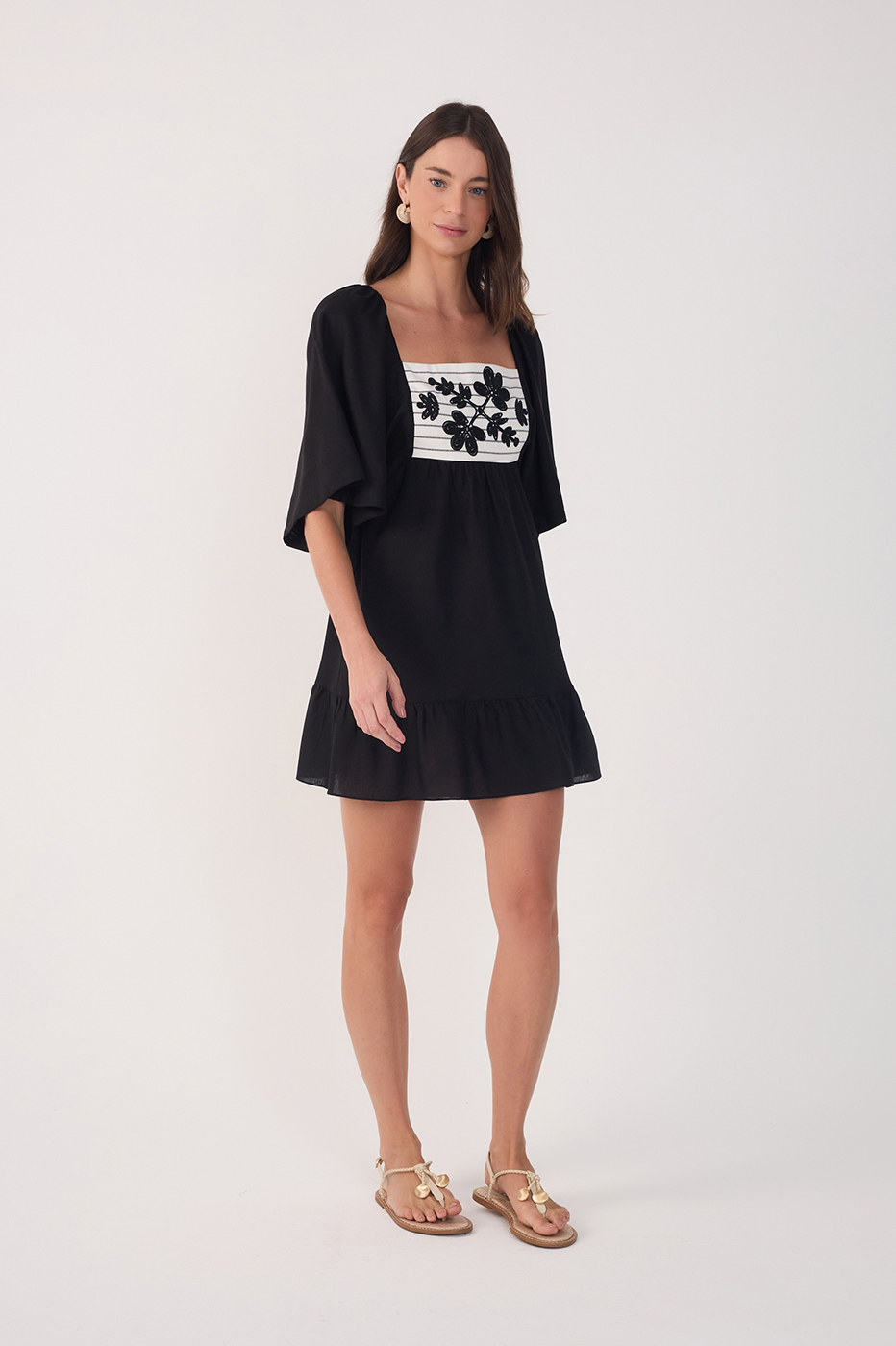 Short Linen Embroidered Yoke Dress_2