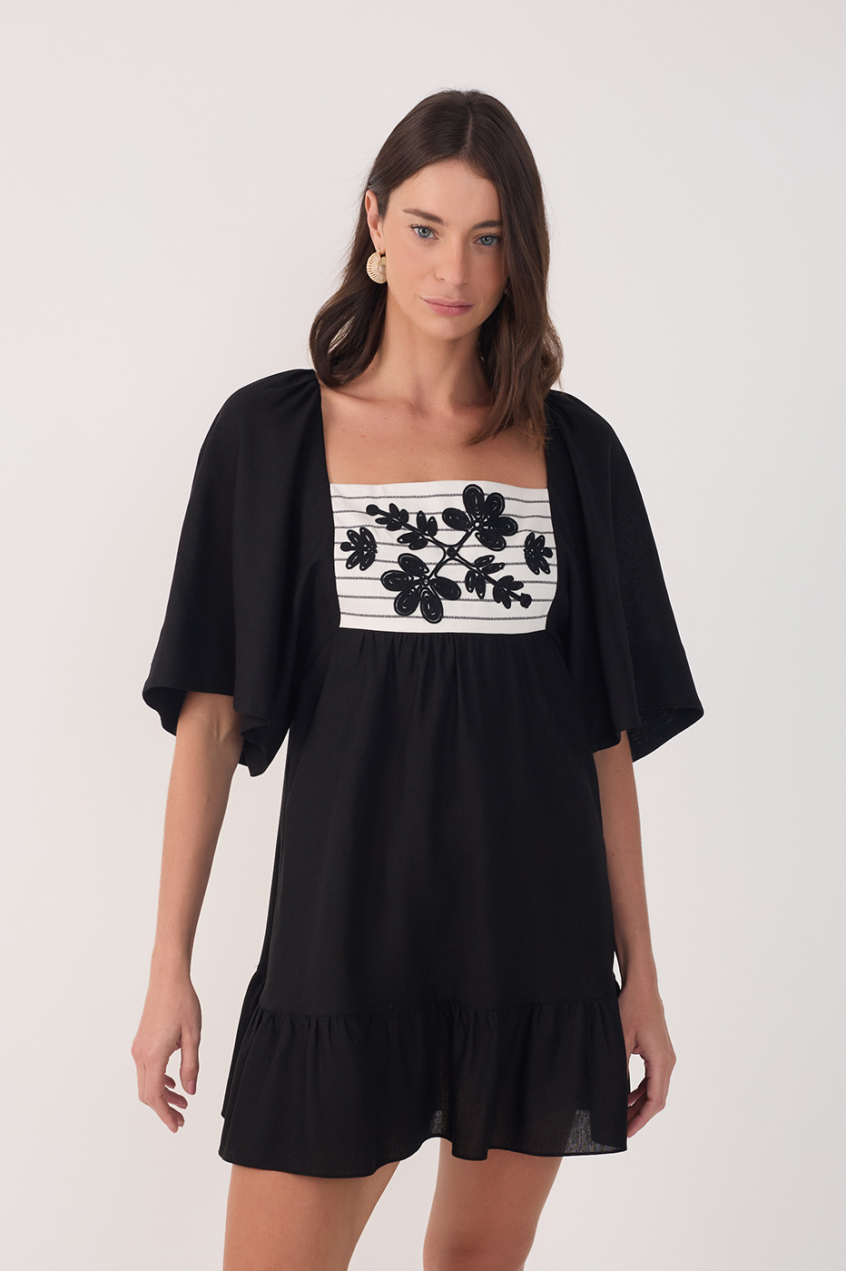 Short Linen Embroidered Yoke Dress_3