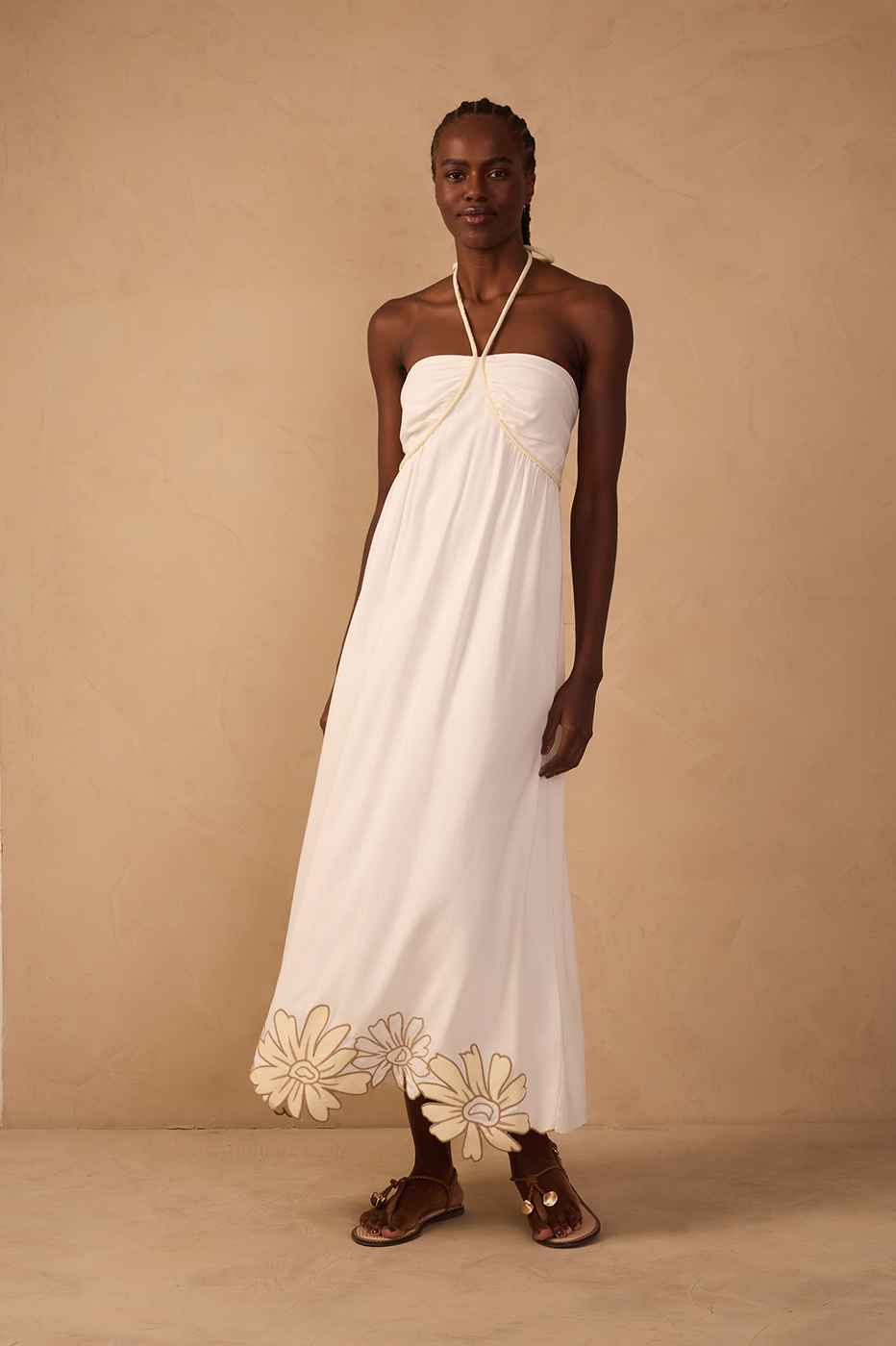 Off-White Embroidered Linen Midi Dress in Off White