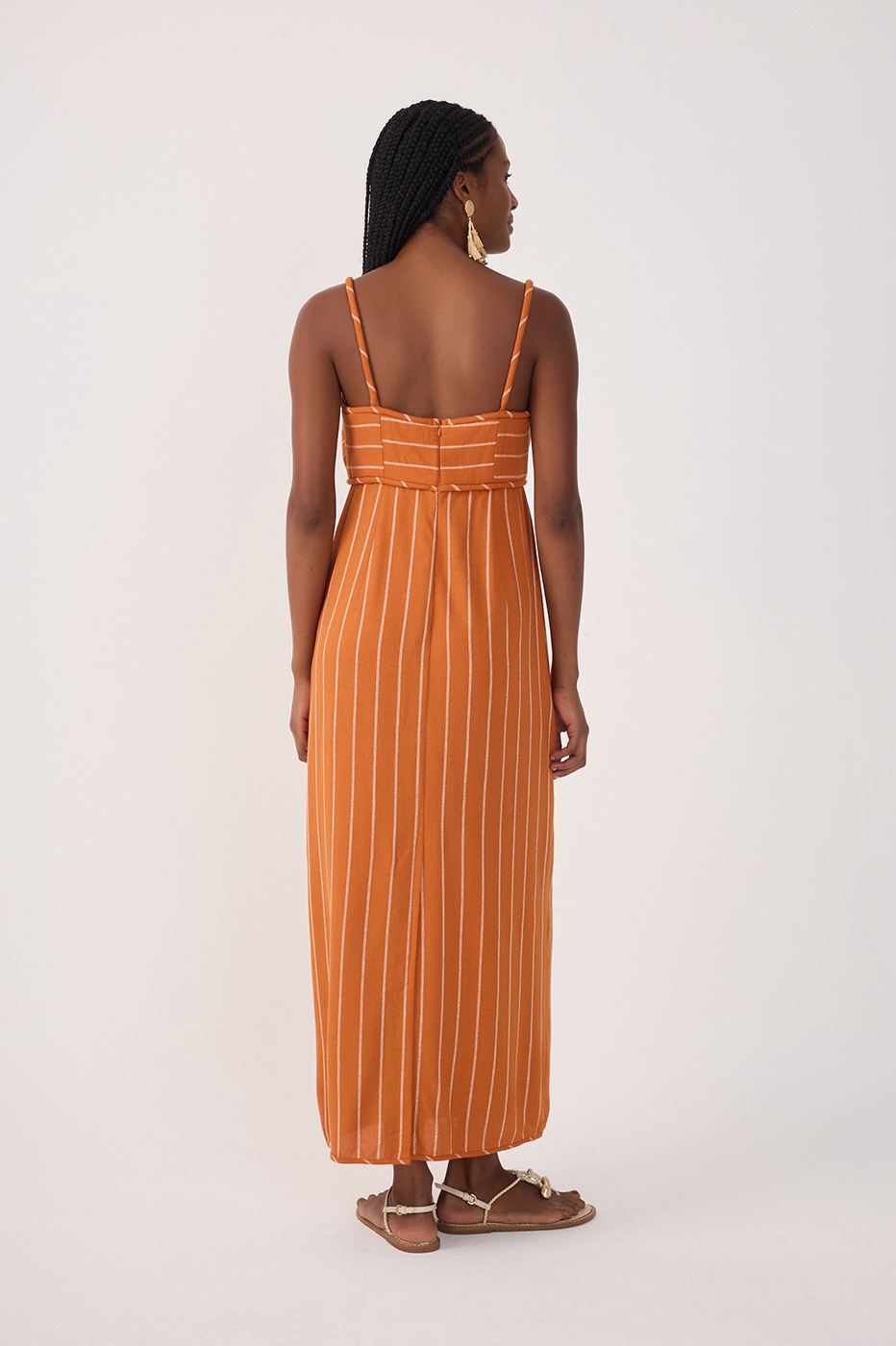 Ochre Striped Cut-Out Linen Midi Dress_5
