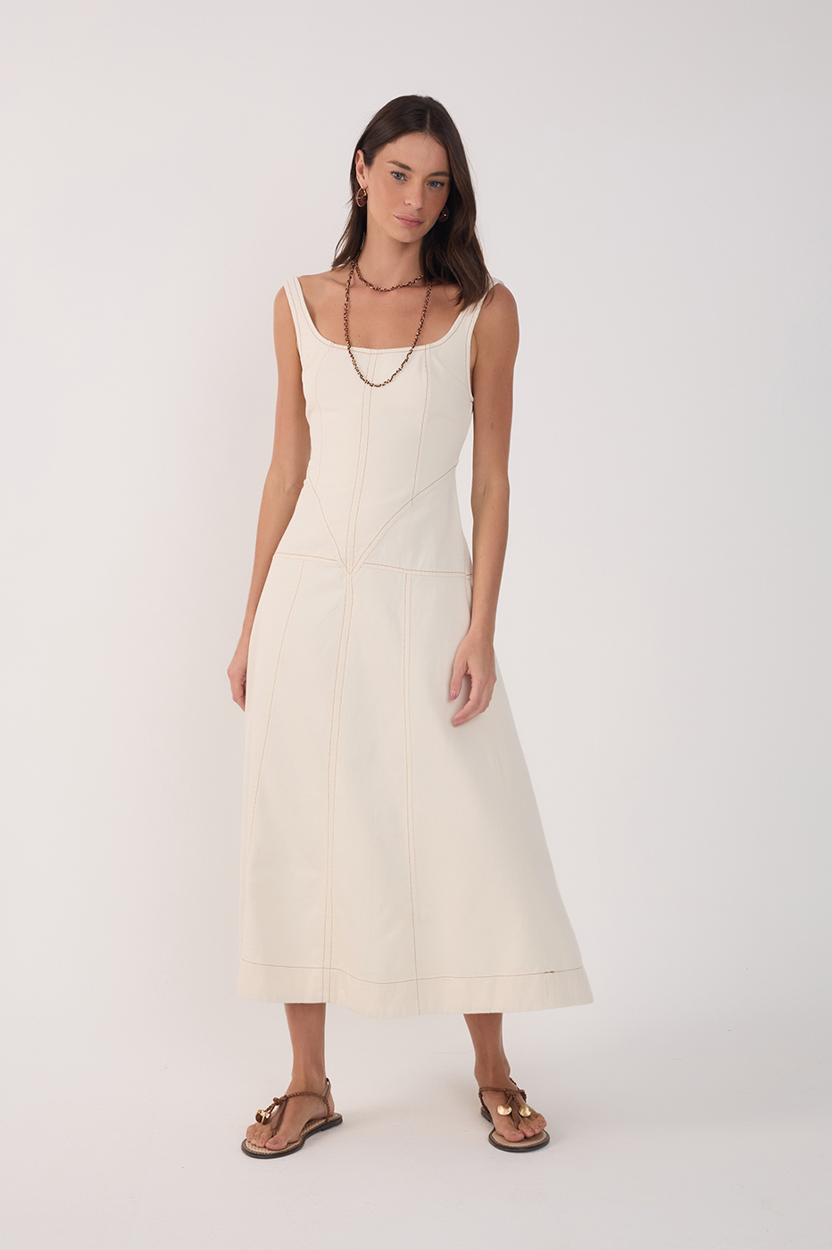 Off White Twill Topstitch Dress_2