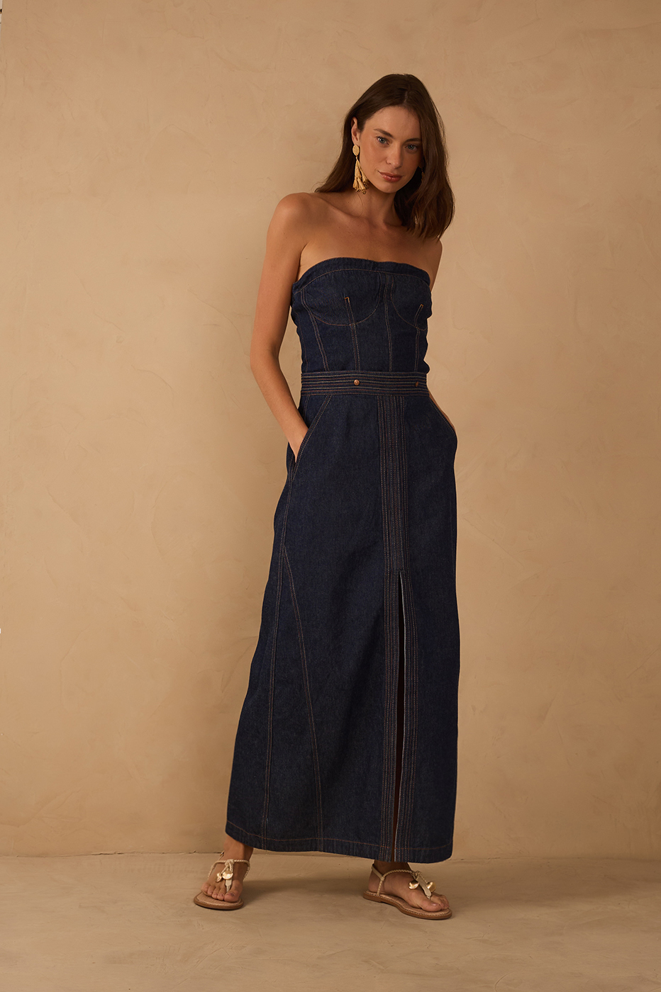 Denim Strapless Side Pockets Maxi Dress in Jeans