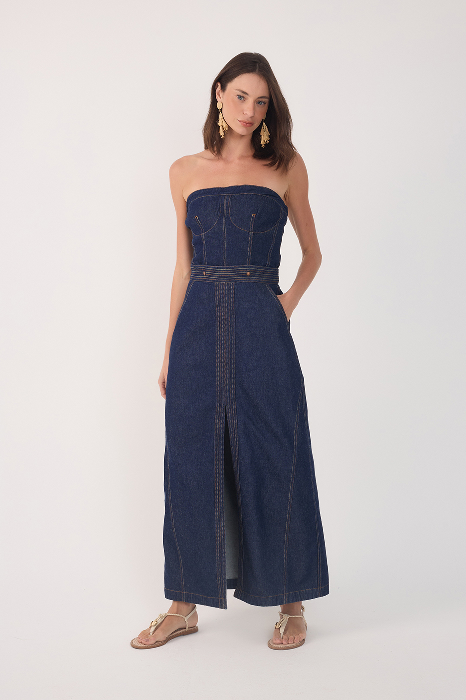 Denim Strapless Side Pockets Maxi Dress