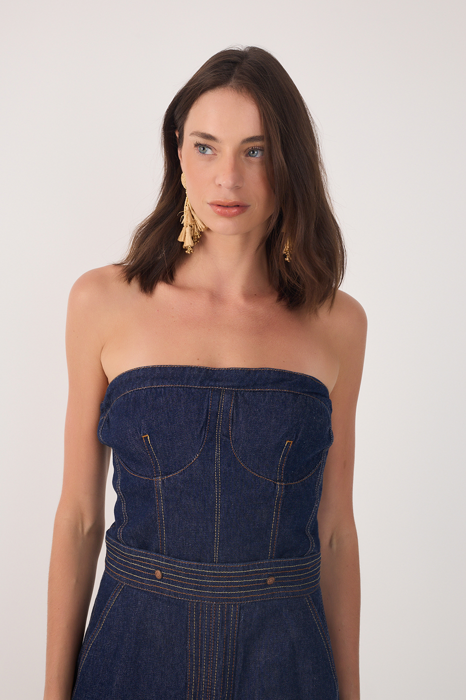 Denim Strapless Side Pockets Maxi Dress in Jeans