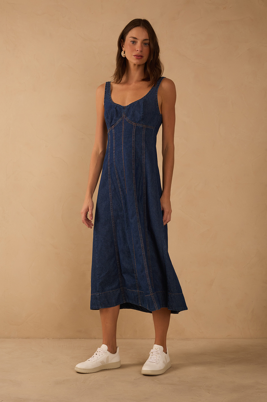 sleeveless midi denim dress Topstitching in Jeans Black wrap black capelet The straight cut will lazer_import1 Size:12/14 L