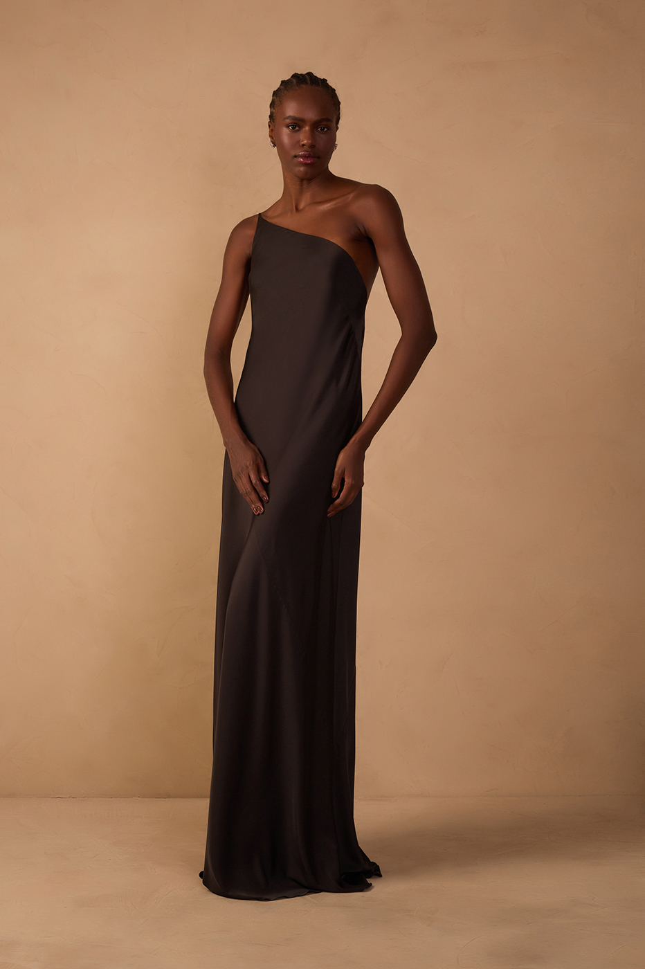 brown cowl neck satin dress Smocked Fish Yoke Cut New_badge Style:04613 its perfect for marking