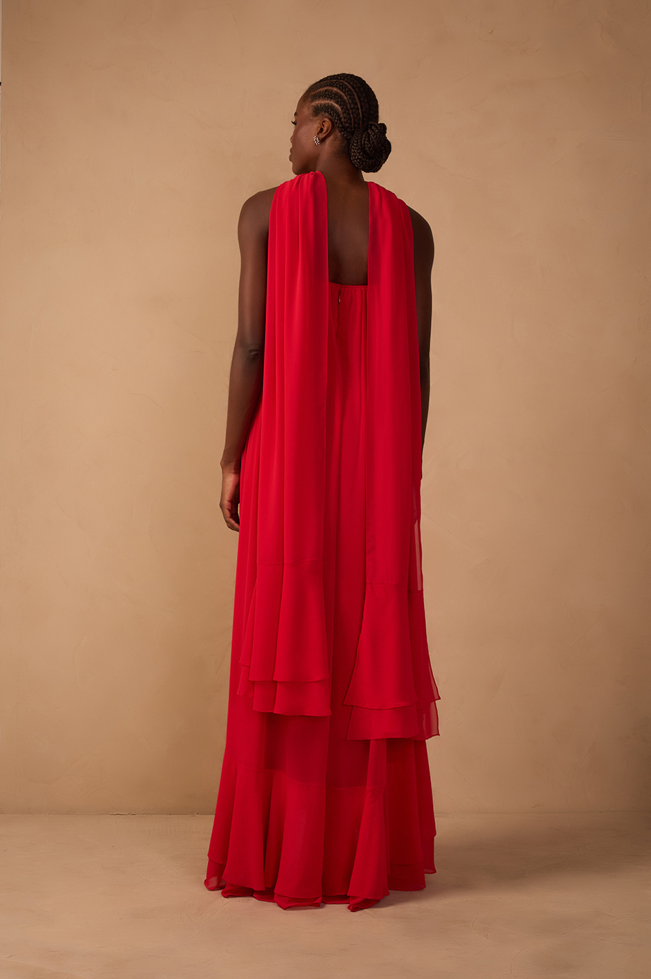 Sunset Red Chiffon Strapless Gown with Waist Tie – Thati Amorim Collection