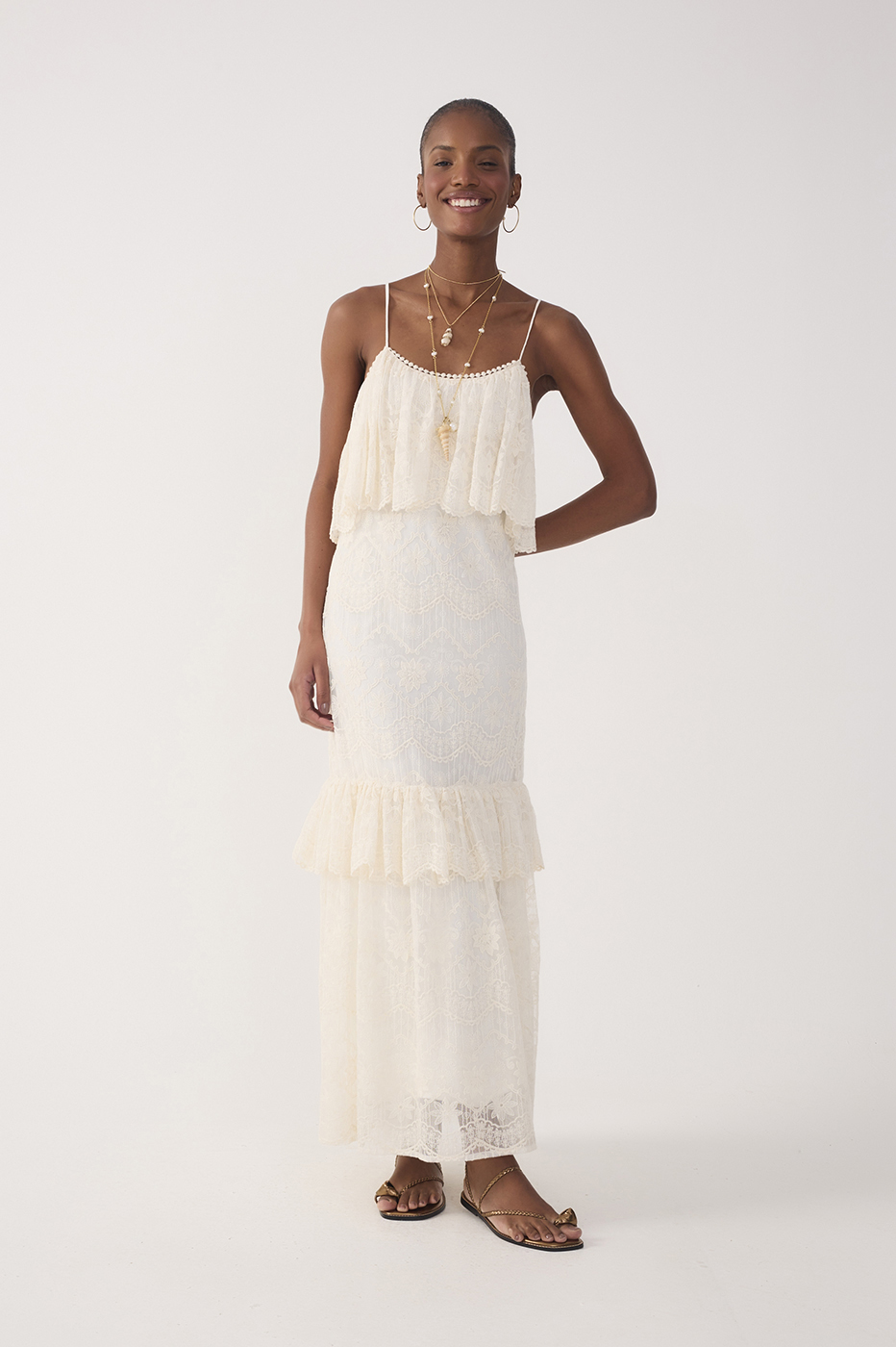 Off-White Ruffled Lace Maxi Dress in Off White