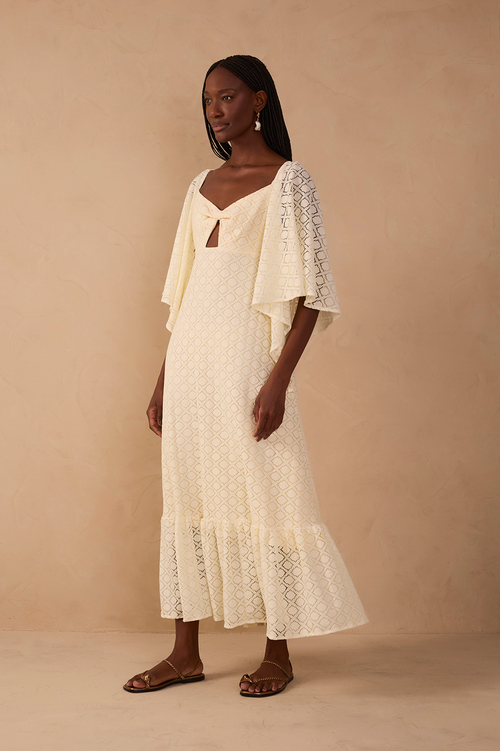 white lace dress with stomach cut out Off-White Cut-Out Midi in Off 1970s Cocktail Dress - side zipper ankle boots it skims the body Color:Lipstick Red