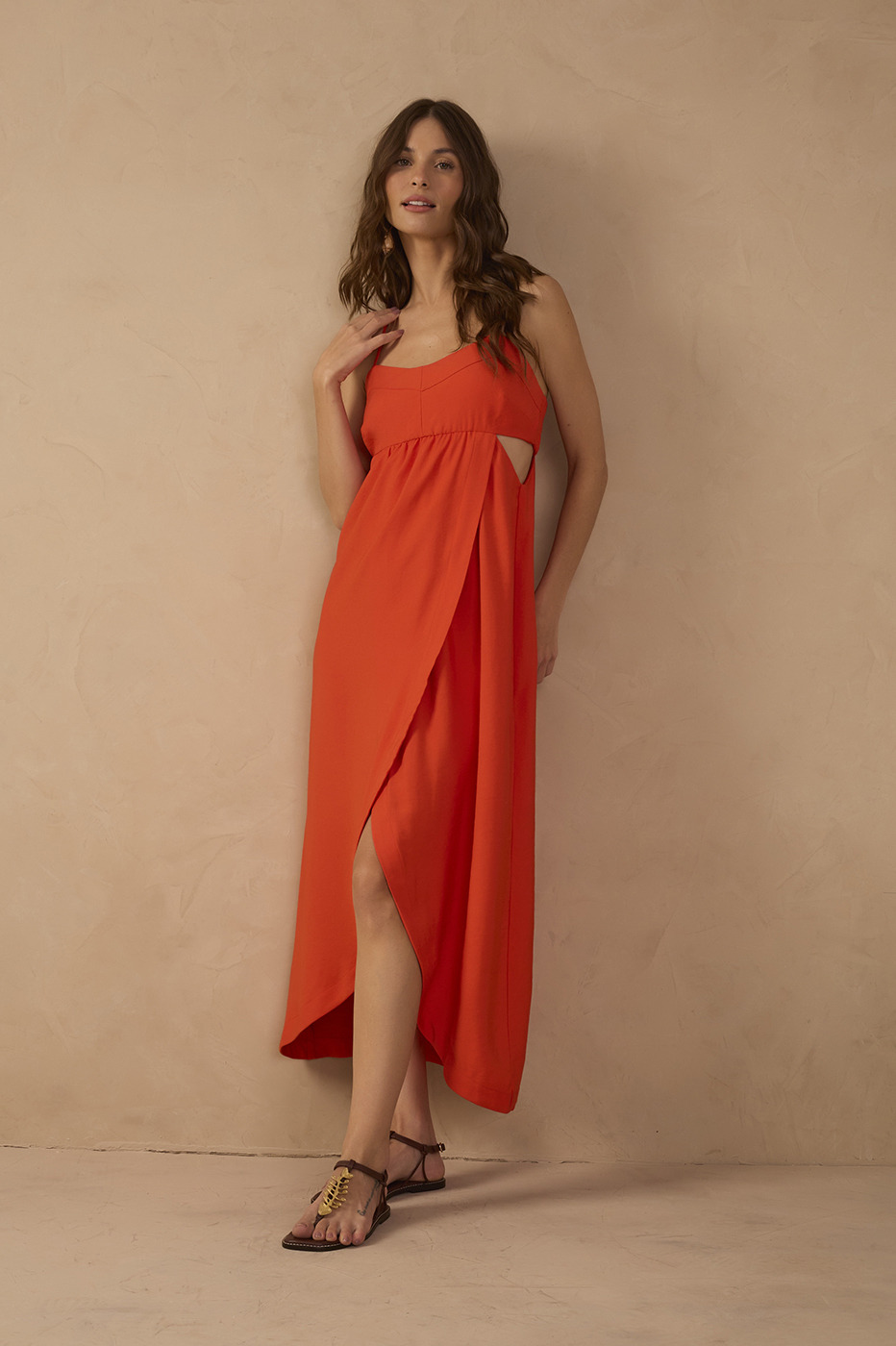 Red Side Cut-Out Wrap Midi Dress