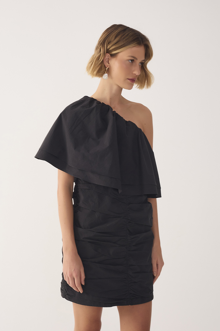 one shoulder black ruched dress HYFVE Women's Effortless Era Ruched One Shoulder Mini Dress in Black